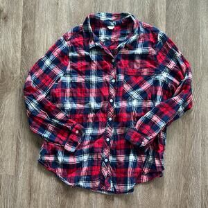 Aerie Plaid Button Front Long Sleeve Shirt Red Blue & White Size Large